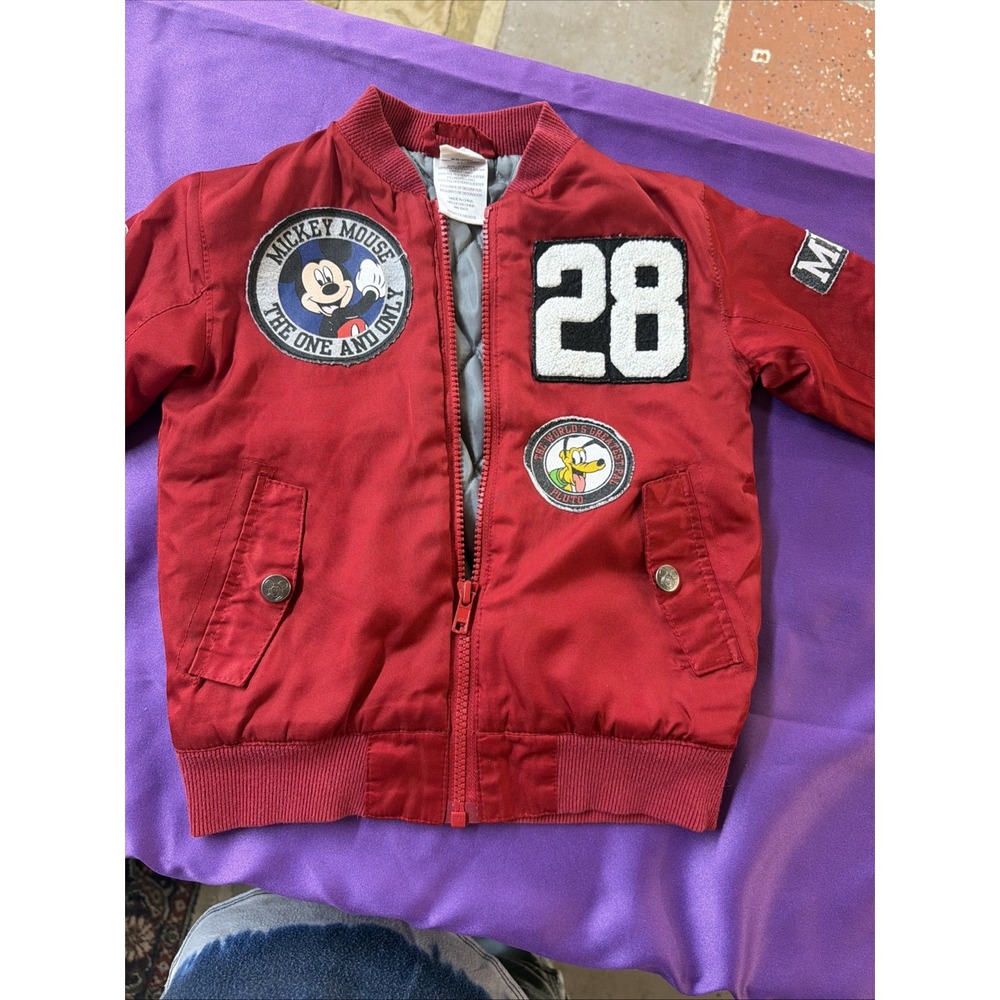 Disney Red Polyester  Bomber Jacket Mickey Mouse & Pluto Zip Lined Kids 3T
